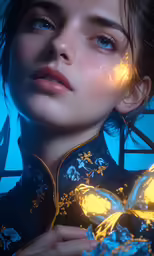 a woman with a blue jacket holding a butterfly light