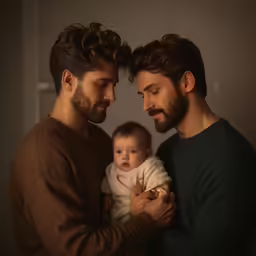 two men holding a baby in the middle of their chest