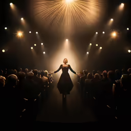 a person on stage, surrounded by an audience