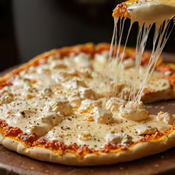 the pizza has cheese on it and is being dipped with some cheese