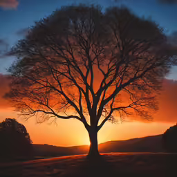 the sun is setting on a tree with mountains in the background