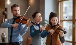 three musicians standing and playing violin in front of a window