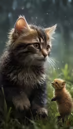 kitten and baby in the grass in the rain