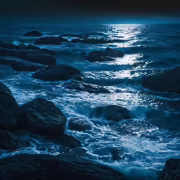 waves crash and rock formations at night along the ocean