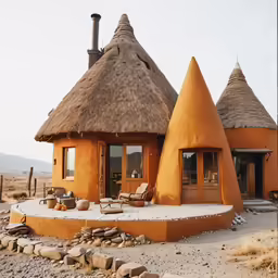 an adobe thatched hut with a grass roof
