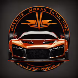 an orange car in front of the logo for malaysia