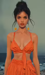 a beautiful woman in an orange bikini top and a big pair of earrings
