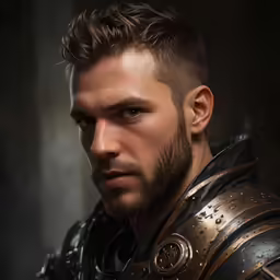 a young man wearing armor is looking down