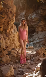 a woman in pink wearing a long bodysuit in an area filled with rocks