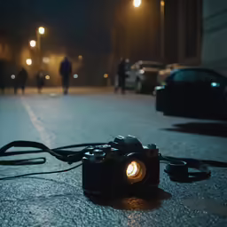 an old camera is lying on the street at night