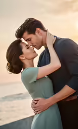 a young couple kisses as the sun sets over a beach