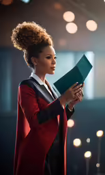 a young woman wearing red jacket holding a blue book