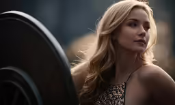 a woman wearing a top with her hair blowing back and looking at something