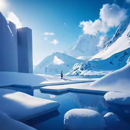 a man standing on a pool surrounded by snow covered mountains