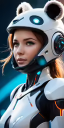 a woman wearing a white robotic suit and cat ears