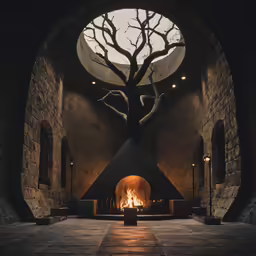 an old church with a large tree inside