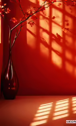 a tall red vase sitting next to a wall with shadow