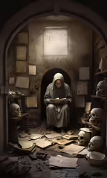 a nun reading a book while sitting in an old room with many bones
