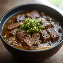 brown meat and vegetables soup in black bowl