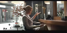 the woman is sitting in a chair near a counter