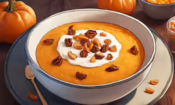 a bowl of carrot soup topped with nuts and cream,the dessert is topped with nuts and cream