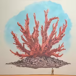 a man looking at a painting with a large coral on it
