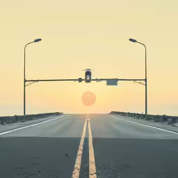 a sunset that is in the sky over a road