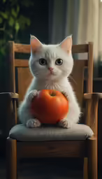 white cat holding an orange while sitting on a wooden chair