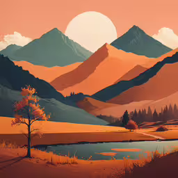 a painting of mountains in orange hues is seen,a painting of mountains with a lake and tree