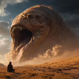 a monster head is standing above a man sitting on the ground