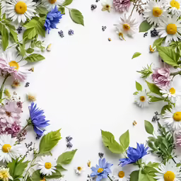 a flower arrangement with blue and white daisies