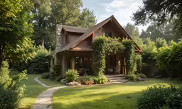 the green grass surrounding the home is lush