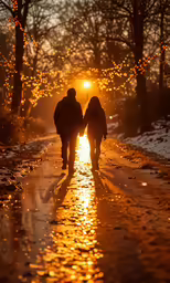 the two people walking along a road are covered in snow