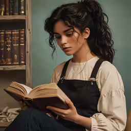 a girl reading from a book in front of bookshelves