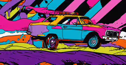 an illustration of a blue and orange truck,this is a multi colored illustration of an older vehicle in the desert