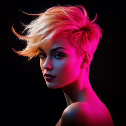 a beautiful young blond woman with pink hair