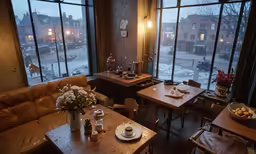a coffee shop filled with tables and chairs