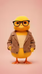 the large toy duck is dressed in glasses