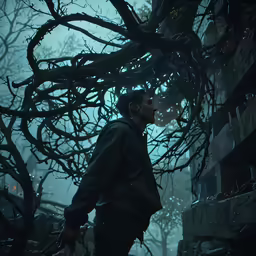 a person in front of an old tree with some kind of branches on it