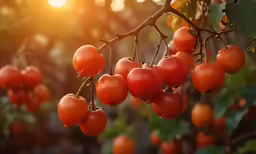 fruit is hanging from the branches with water droplets