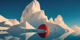 a lake is shown with a mountain and ice covered ground