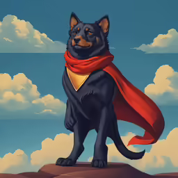a dog with a cape sits in the dirt on a sunny day