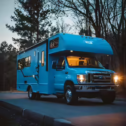 a blue travel trailer parked on the side of a road