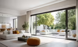 a large open room with white and orange furniture