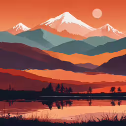 a painting of a landscape with mountains and lake,the colorful mountains have snow on them