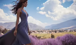 a young lady walking across a field of flowers