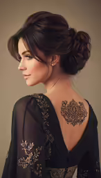 a woman with intricate back tattoos is wearing a black dress