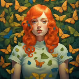 a painting of a woman with red hair and butterflies around her,a painting of a woman with red hair and butterflies over her head