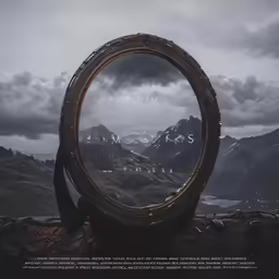 a circle with a wooden structure over a mountain landscape