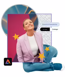 a smiling woman is holding a star as her legs are crossed and legs are down